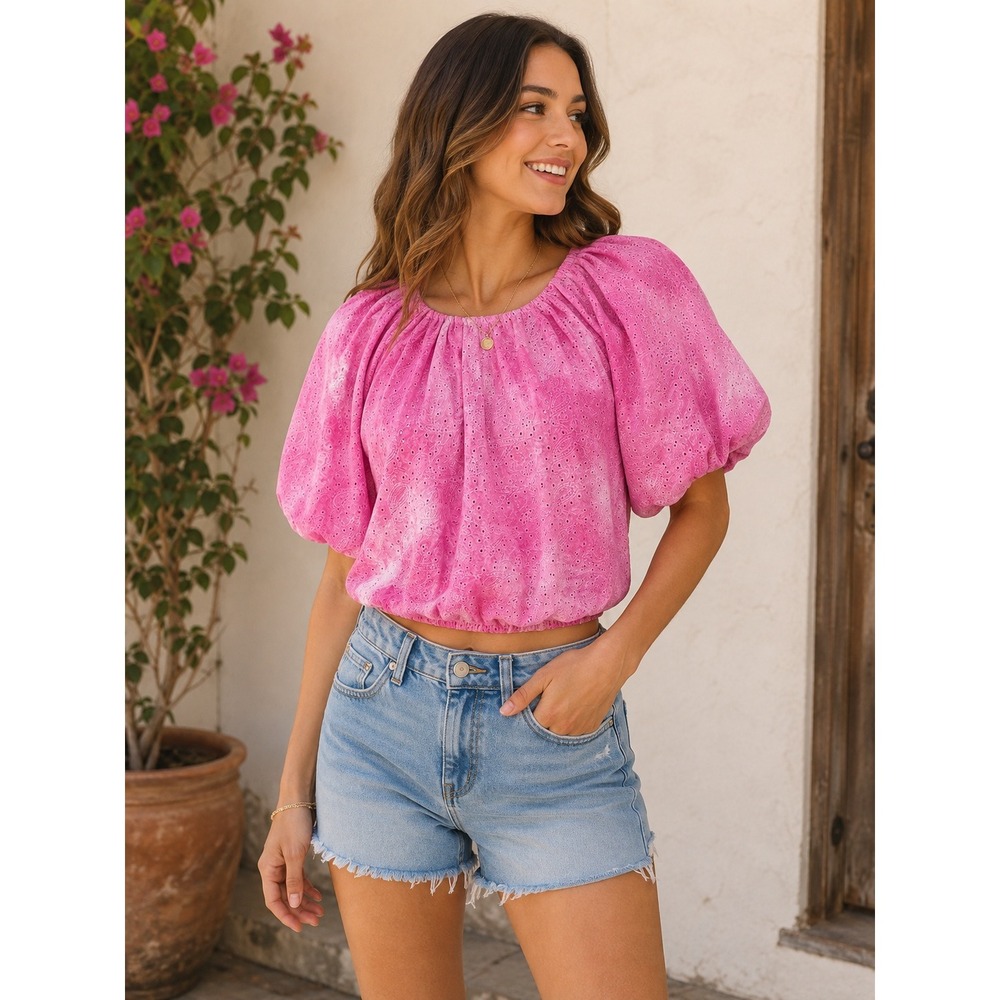 Free The Roses S Pink Eyelet Tie‎ Dye Puff Sleeve Crop Top Boho Chic Whimsical